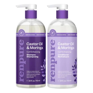 Renpure Castor Oil and Moringa curl enhancing shampoo and conditioner set for soft, moisturized, defined, and frizz-free wavy to curly hair.