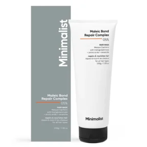 Minimalist repair hair mask for dry, damaged, and dull hair, formulated with transglutaminase, amino acids, and ceramides to deeply condition, hydrate, and build hair structure.