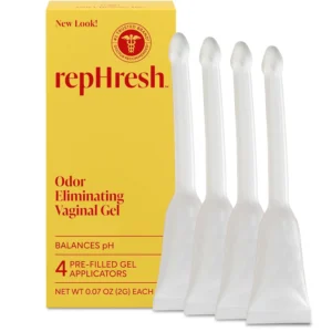 Image shows a four-count package of RepHresh vaginal gel for feminine hygiene and care.