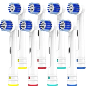 This is a pack of eight Voguish replacement toothbrush heads compatible with Oral-B and Braun electric toothbrushes, featuring extra soft bristles for sensitive teeth and effective plaque removal.