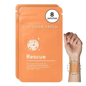 The Good Patch Rescue Patches contain DHM, Vitamin B1, and Green Tea to support your wellness journey after a night out, offering a plant-powered and convenient way to bounce back.