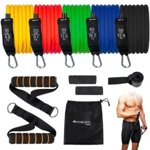 This resistance bands set includes five color-coded bands with varying resistance levels, padded handles, ankle straps, door anchor and a storage bag for effective home workouts.