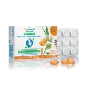 Puressentiel respiratory lozenges with thyme, pine, and eucalyptus honey soothe throat discomfort and tired vocal cords while supporting bee protection.