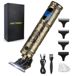 Gold Knight RESUXI hair clippers for men with T-blade, three guide combs, and LCD display, designed for barbers and home use.