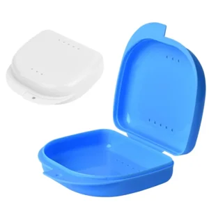 This blue and white retainer box is a durable PP plastic container designed to keep your mouthguard, retainer, or denture clean and safe.