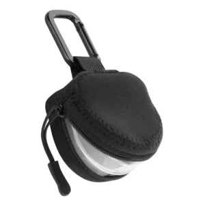 Clear retainer case with black soft protective bag and carabiner clip for aligner and mouth guard storage.