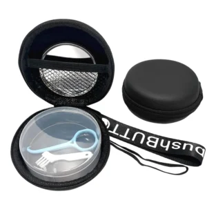 This black retainer case travel kit includes an aligner box, organizer bag, removal tool, mirror and brush for convenient and hygienic orthodontic care.