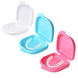 This 3-pack of retainer cases in pink, light blue, and white are light, portable and durable for storing mouthguards, dentures, and orthodontic appliances with a secure locking closure and vent holes for drying and cleaning.