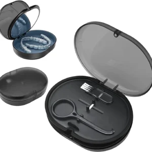 This portable retainer case and denture box comes with a cleaner brush and features a magnetic closure for convenient and secure storage of dentures, retainers, mouthguards, or other oral appliances.