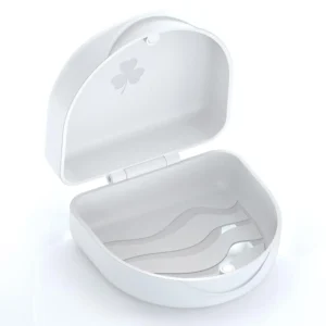 White ARGOMAX retainer case securely holds Invisalign aligners or mouthguards, protecting them from damage in a slim, portable container.