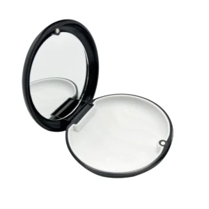 Black orthodontic retainer case with a built-in mirror, ideal for aligners, dentures, and mouthguards, featuring a magnetic lock and silicone interior.