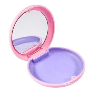 Pink retainer case with mirror provides a clean, dry, and discreet storage solution for mouthguards, aligners, or dentures, featuring a secure magnetic closure and non-slip silicone liner.