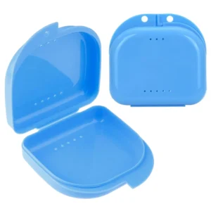 Two blue orthodontic retainer cases with ventilation holes for storing mouth guards and dentures, keeping them clean and dry.