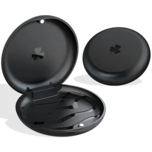 This image shows a 2-pack of black ARGOMAX retainer cases, designed for storing and protecting orthodontic aligners, mouth guards, and other dental appliances while traveling or at home, featuring a secure magnetic closure and durable BPA-free plastic construction for easy cleaning and maintenance.