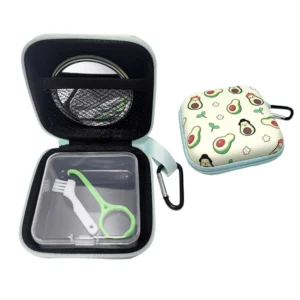 This cute retainer case travel kit in a fruit design includes an aligner box, organizer bag, mirror, removal tool, and cleaning brush for storing orthodontic accessories like mouthguards and dentures.