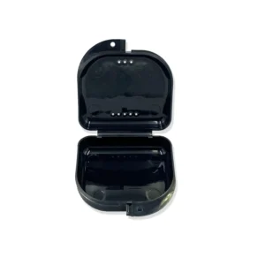 Black orthodontic retainer case with ventilation holes for storing retainers, dentures, mouth guards, and other oral appliances.