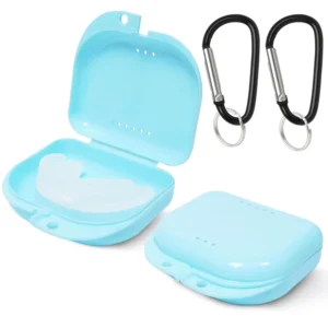 Bluish retainer case with vent holes made of food-grade plastic to keep aligners, mouth guards, or dentures clean and odorless.