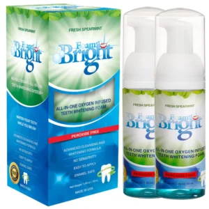 Retainer cleaner and aligner whitening foam for clear aligners, retainers, dentures, and braces leaves teeth whiter and brighter and fights bad breath.