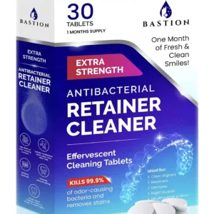 Bastion retainer cleaner tablets effectively remove stains, discoloration, odors, and plaque from clear aligners, dentures, mouth guards, and night guards to keep your dental appliances fresh and clean.