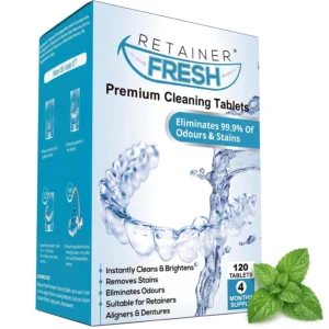 Retainer cleaning tablets effectively clean dental appliances like aligners, dentures, mouth guards and retainers, removing stains and odors for a fresh, brite smile.
