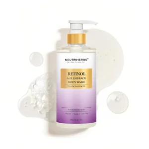 Neutriherbs retinol body wash with orange blossom scent cleanses, firms, and smooths skin, reducing fine lines and wrinkles while promoting cell renewal for a youthful appearance.