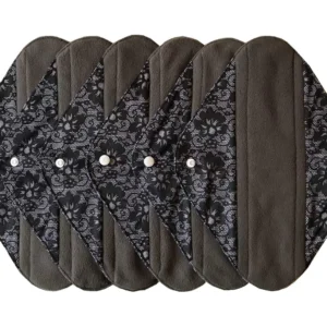 Six 12-inch MUMBABY reusable charcoal bamboo cloth menstrual pads for heavy flow, a sustainable and comfortable alternative to disposable sanitary napkins.
