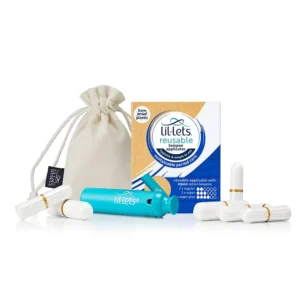 Lil-Lets reusable tampon applicator kit includes six GOTS certified organic cotton tampons in three absorbencies and a storage bag, offering a sustainable and easy-to-use alternative to single-use plastic applicators.
