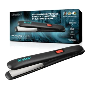 The REVAMP Progloss digital ceramic straightener, featuring progloss super smooth oils, offers salon-quality straightening and curling with adjustable temperature control and a heat-resistant mat.