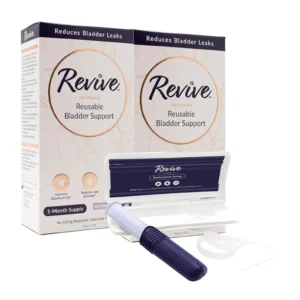 Two boxes of Revive bladder support devices for women to help prevent light bladder leaks due to postpartum, prolapse, and other causes, offering comfortable, discreet, and easy-to-use protection for up to 12 hours.