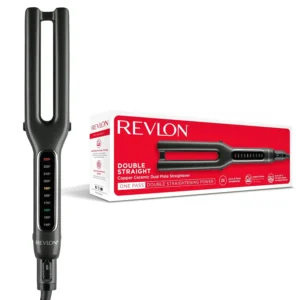 The Revlon Double Straight hair straightener features dual plates and copper ceramic technology for fast, sleek styling with customizable heat settings.