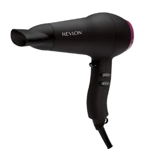 The Revlon Fast and Light Hair Dryer in black boasts 2000 watts for quick drying, ionic ceramic grille for frizz control, and includes a smoothing concentrator.