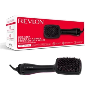 Black Revlon 2-in-1 hair dryer brush and styler with ionic conditioning for smooth, static-free hair, featuring flexible tangle-free bristles and two heat settings.