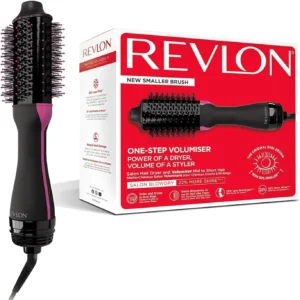 The Revlon One-Step hair dryer and volumizer brush is shown with an included hair separation comb, promising faster drying, less frizz, and healthy shine for medium to long hair.
