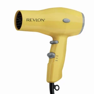 A yellow Revlon compact and lightweight ionic hair dryer.