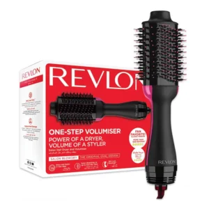 The Revlon One Step Hair Dryer and Volumizer styles, dries, and volumizes hair with less frizz, featuring a unique oval brush for smoothing and creating volume.
