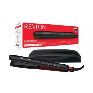 The Revlon Smoothstay hair straightener features coconut oil-infused ceramic plates and adjustable temperature for creating smooth, shiny hairstyles and curls on the go, plus it includes a travel pouch.