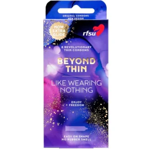 Close-up of Rfsu Beyound Thin condoms, a pack of 8 units for enhanced sexual pleasure and personal enjoyment.