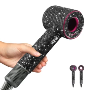 Bling black rhinestone case cover for Dyson Supersonic hair dryer, providing anti-scratch, shockproof, and dustproof protection during travel and storage.