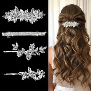 This set features four elegant silver hair clips adorned with shimmering rhinestones and delicate pearls, perfect for adding a touch of sparkle to bridal hairstyles, updos, and other special occasion looks.