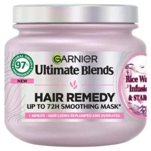 Garnier Ultimate Blends rice water hair mask provides intense hydration to revive dry and damaged hair, strengthening and restoring for silky smooth, luscious locks suitable for all hair types.
