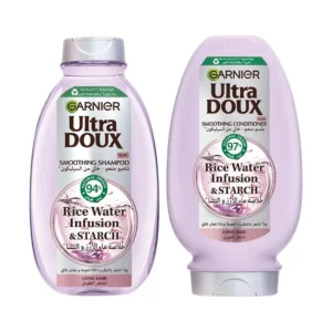 Garnier Ultra Doux Rice Water and Starch Infusion shampoo and conditioner set for replumping long, dull hair, leaving it shiny, soft, and easy to style.