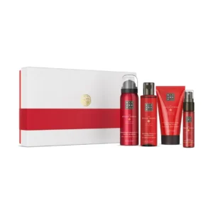 The RITUALS Ayurveda gift set includes shower foam, body cream, body oil, and hair and body spray enriched with Indian Rose and Sweet Almond Oil for nourished, balanced skin.