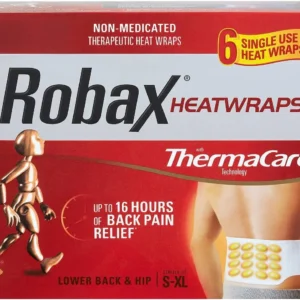 This image shows a six-count package of Robax ThermaCare heat wraps for lower back and hip pain, designed to speed up healing, improve flexibility, and mobility.
