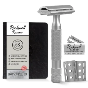 The Rockwell Razors 6S is a durable, adjustable stainless steel safety razor, providing a customized and close shave for men and women.