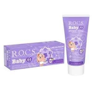 R.O.C.S. Baby Mild Care toothpaste with lime blossom extract for gentle and effective cleaning of baby's teeth from 0-3 years, recommended by dental hygienists.