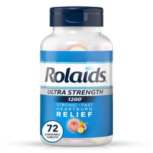Rolaids Ultra Strength antacid tablets in assorted fruit flavors provide fast relief from heartburn, acid indigestion, and sour stomach in a convenient 72-count bottle.