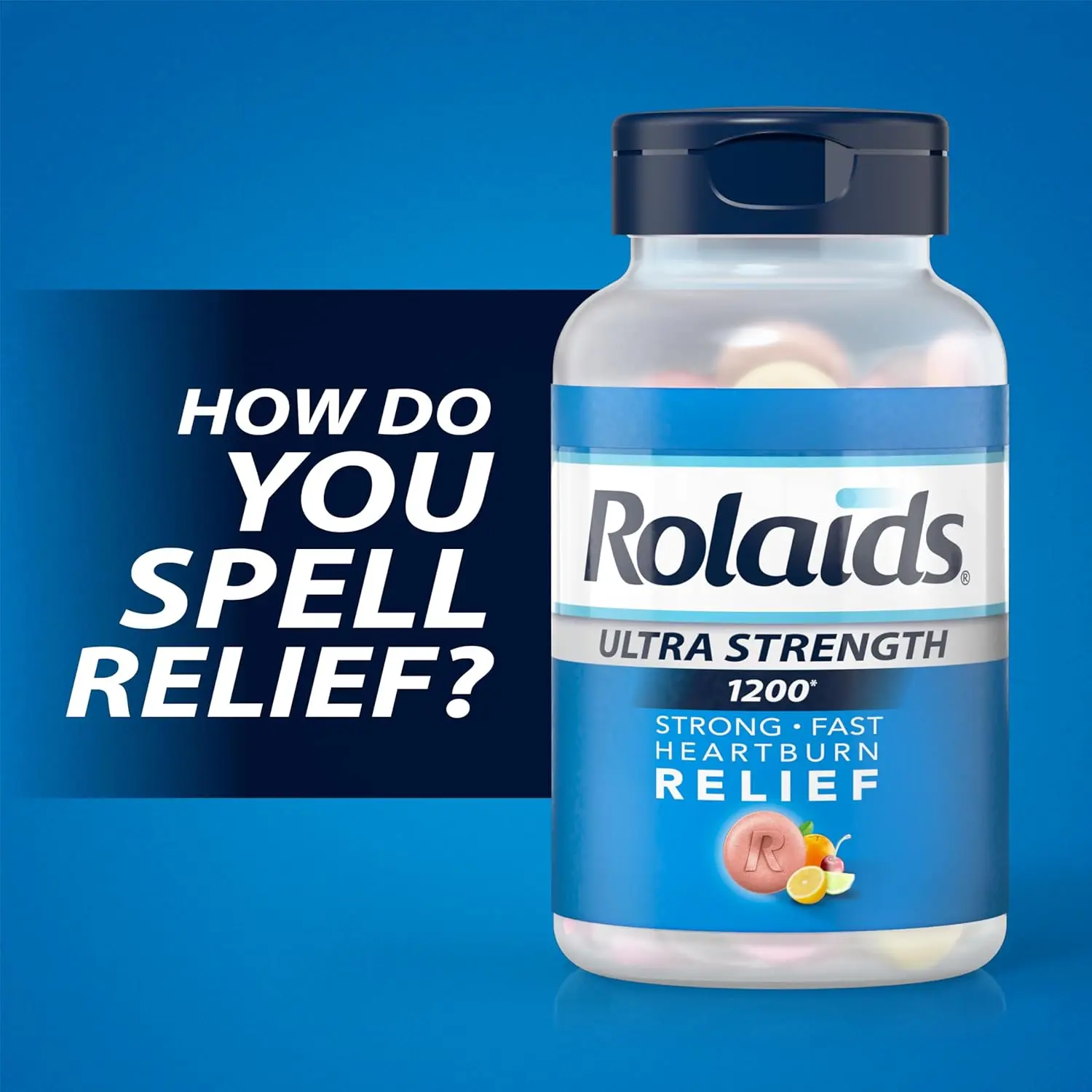 Rolaids Ultra Strength antacid tablets in assorted fruit flavors provide fast relief from heartburn, acid indigestion, and sour stomach in a convenient 72-count bottle.