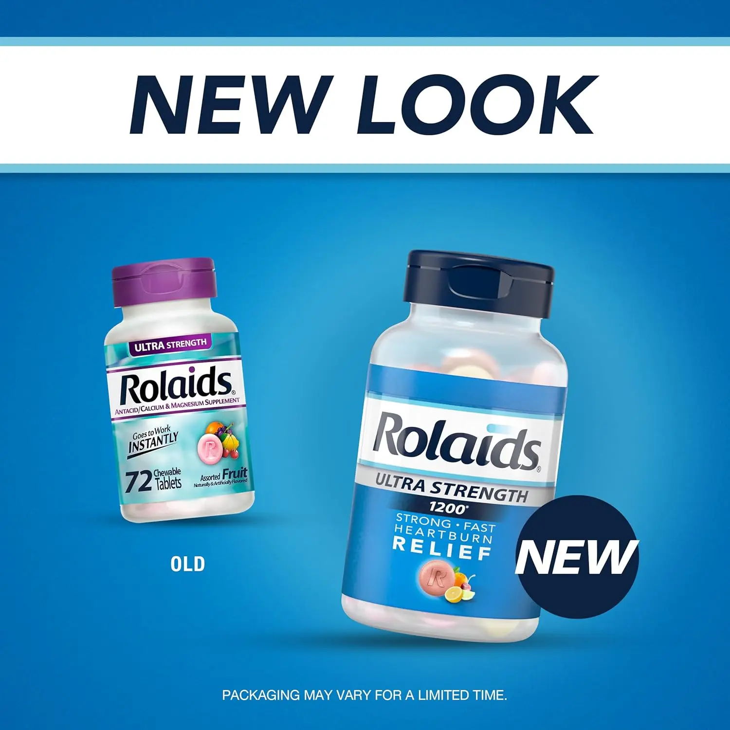 Rolaids Ultra Strength antacid tablets in assorted fruit flavors provide fast relief from heartburn, acid indigestion, and sour stomach in a convenient 72-count bottle.
