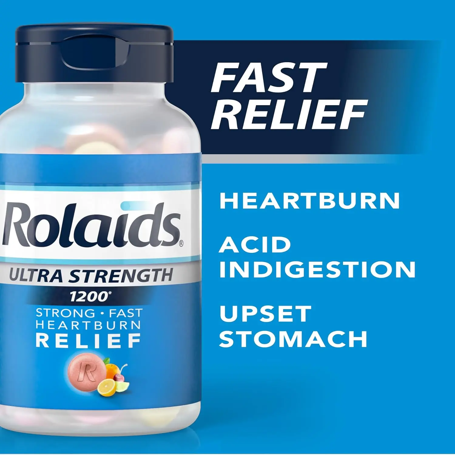 Rolaids Ultra Strength antacid tablets in assorted fruit flavors provide fast relief from heartburn, acid indigestion, and sour stomach in a convenient 72-count bottle.