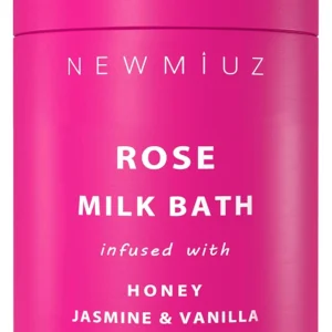 New Miuz's Calming Rose Milk Bath Soak with coconut milk, jasmine, vanilla, and honey helps moisturize and soften skin while providing stress relief.